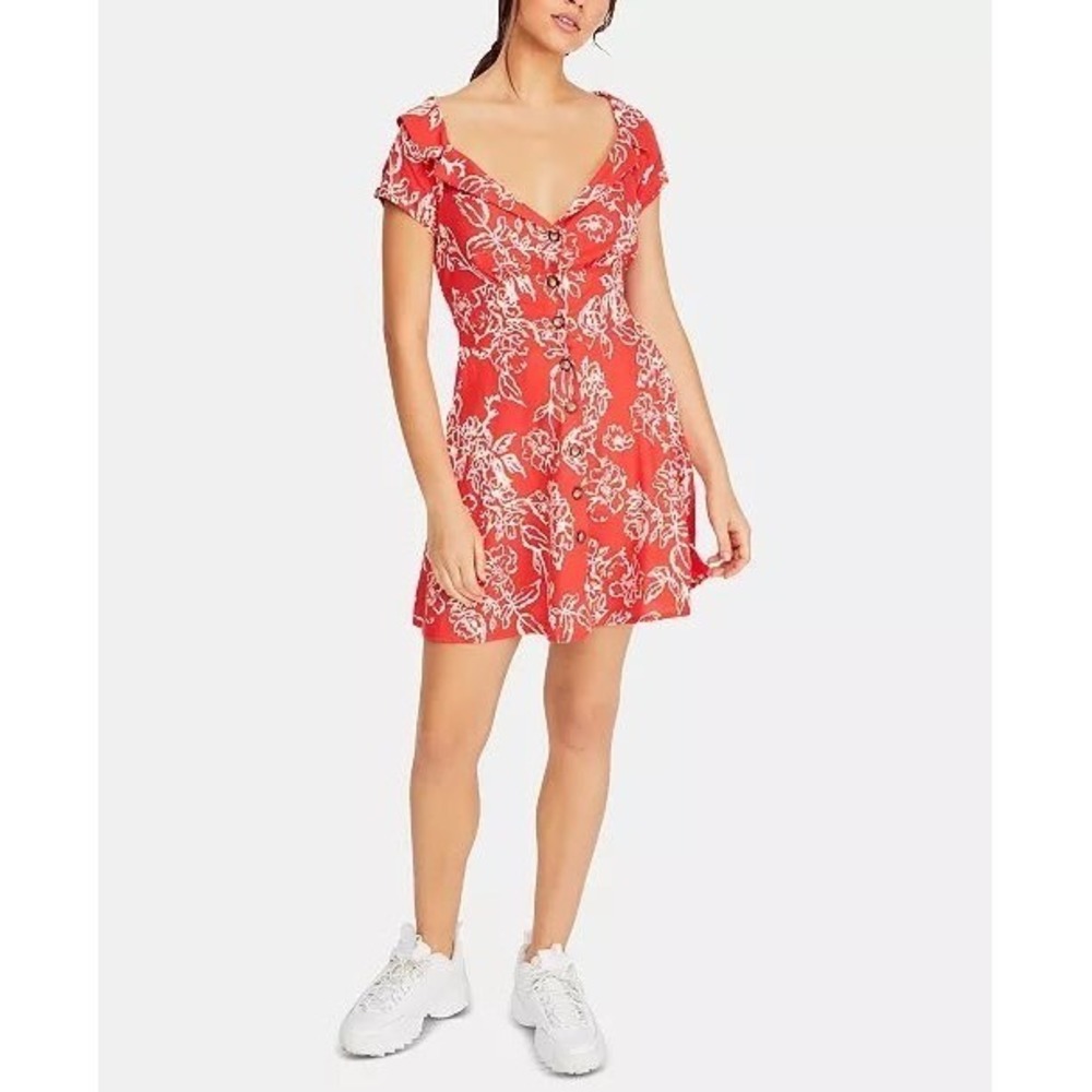 Free People Red Floral Button Front Mini Dress V-Neck Cap Sleeve Tie Back Small